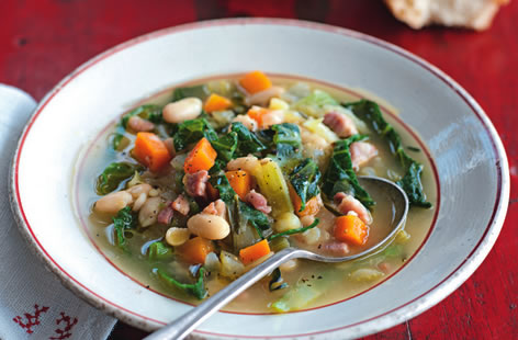 A take on the classic winter minestrone with softened sweet root vegetables, celery and pancetta gently simmered with beans and cabbage. Just before serving, drizzle over some extra virgin olive oil and make sure there is plenty of crusty bread on the table.